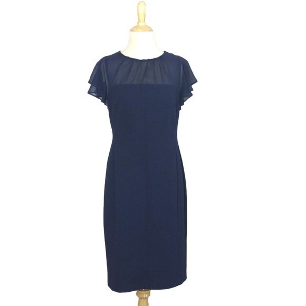 HARPER ROSE Women Size 8 Navy Illusion Cap Ruffle Sleeve Sheath Dress Corpgore